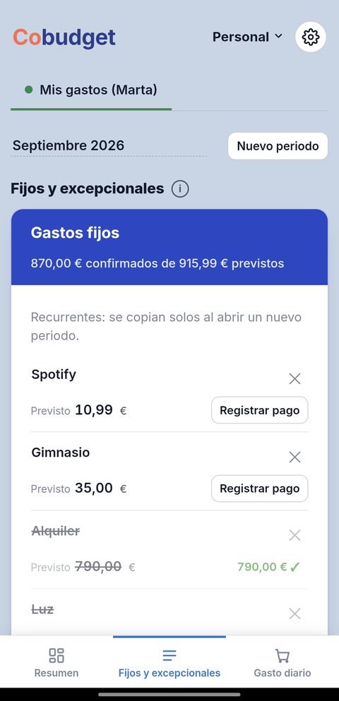 Gastos fijos en Cobudget, marcados como pagados según llegan